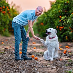 כלבה לבנה נותנת יד למאלף שלה בפרדס